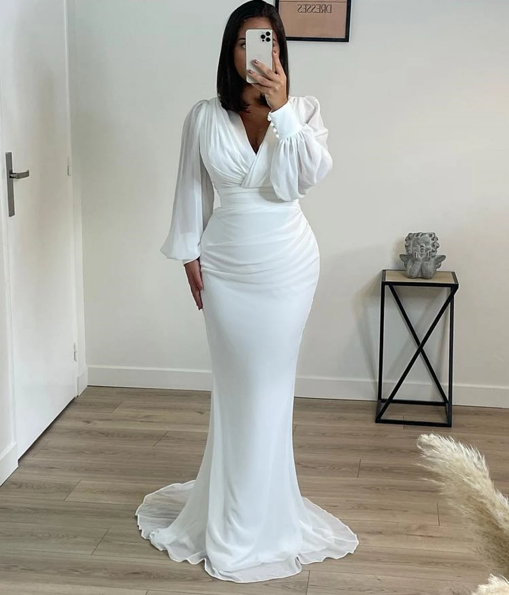 V-Neck Sexy Prom Gowns White Puff Sleeves Occasion Dress Party Vestidos Women Ruched Satin Pleated Mermaid Elegant Evening Dress