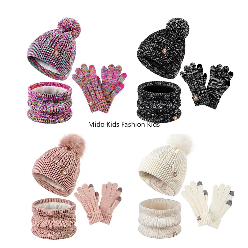 Gorro de lana tejido para niños medianos y grandes de invierno, bufanda, guantes, traje combinado de gorro cálido acolchado de tres piezas para niños
