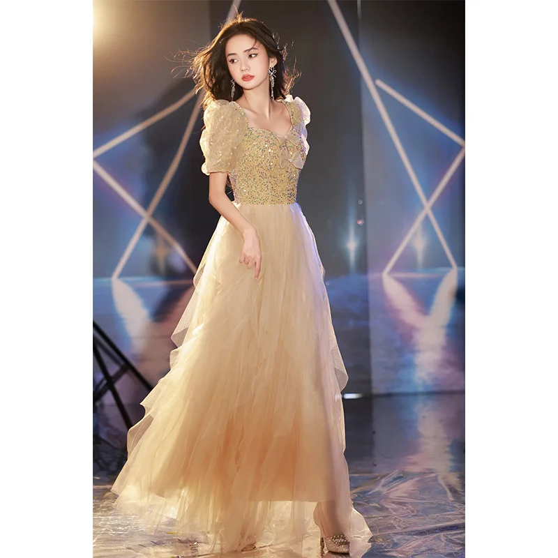 

Sequins Tulle Cocktail Dress Women Square Neck Bow Applique Evening Dresses Elegant Modern Bubble Sleeve Prom Gown