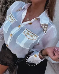 Camisa de manga larga para mujer, Top sencillo con tachuelas, diseño de bolsillo, abotonado, cuello vuelto, informal, primavera y otoño, 2023