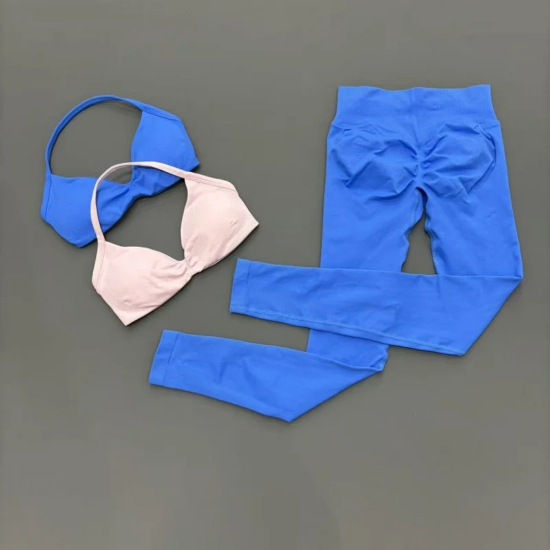 2Pcs Women Sports Bra Leggings Set Halter Stretchy Naked Feel Breathable Tummy Control No See Through Workout Yoga Outfit