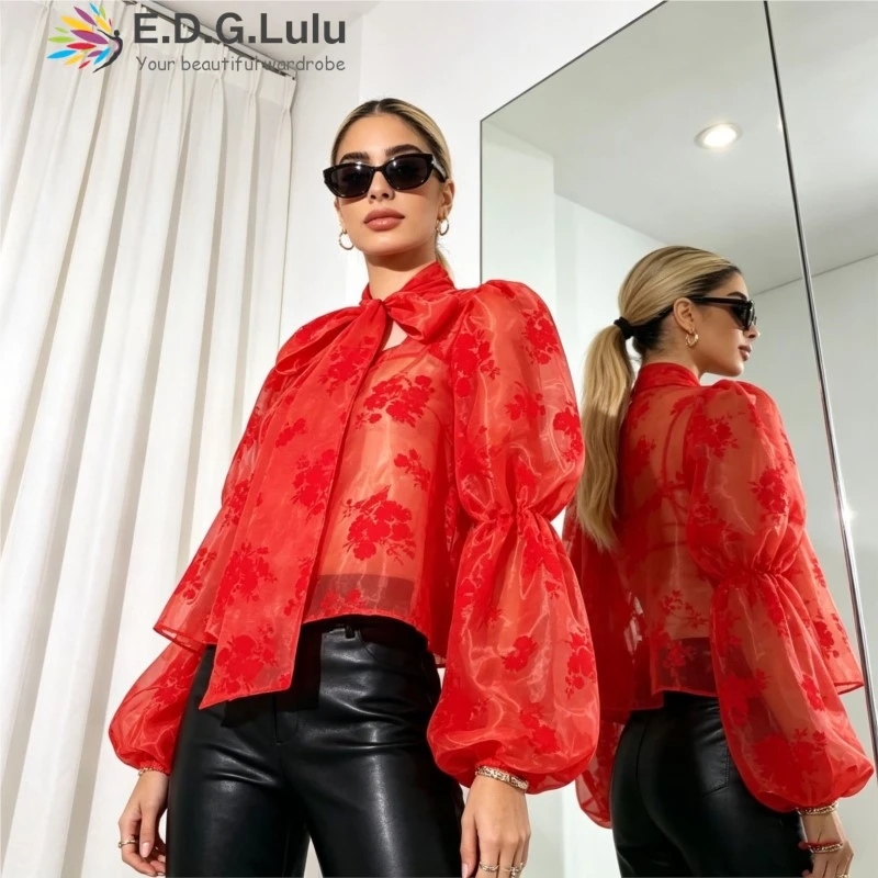 EDGLuLu Sweet French See Through Online Blusa floral roja con bordado transparente para mujer, cuello redondo, con lazo y manga farol 0425