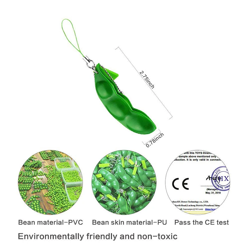 Peapod Fidget Toy Squeeze A Bean Edamame Pea Keychain Keyring Extrusion Bean Pea Soybean Stress Relieving  Antistress Toys