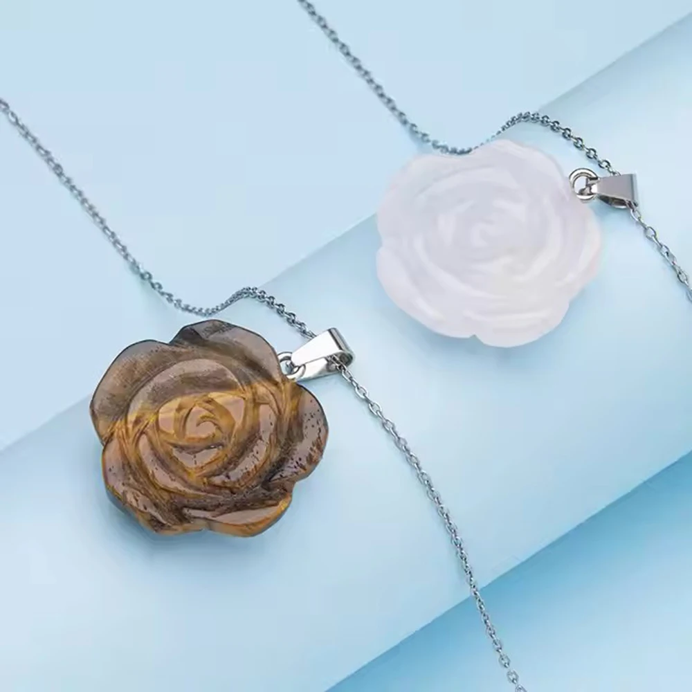 

New natural crystal stone rose quartz Carved rose pendant necklace for women crystal rose stainless steel necklace