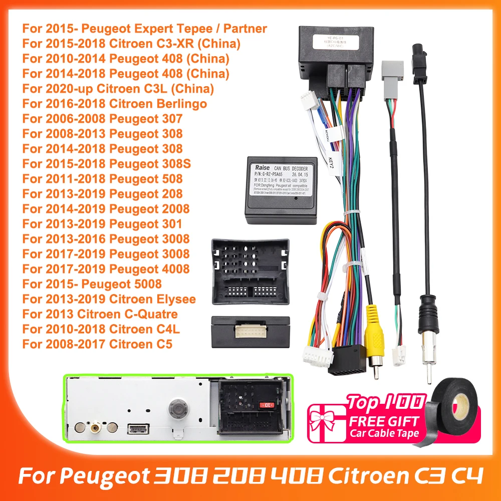 Arnés de cableado de 16 pines a 56 pines con decodificador CanBus G-RZ-PSA65 para Peugeot 308 208 408 Citroën C3 C4, adaptador de cable para unidad principal.
