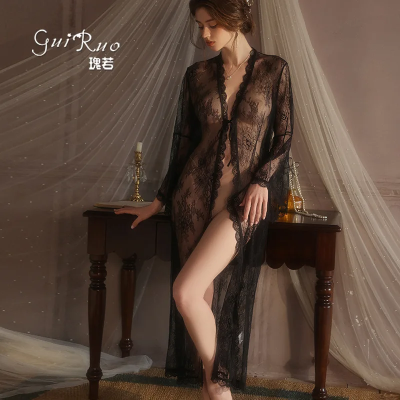 

Черный прозрачный сетчатый кружевной халат с длинными рукавами, кимоно, женский перспективный халат, одежда для сна, новая ночная рубашка, нижнее белье