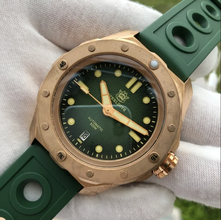 STEELDIVE Mens Automatic Watch 46MM Bronze Military Mechanical Wristwatch Diver 50ATM Waterproof C3 Luminous Sapphire NH35