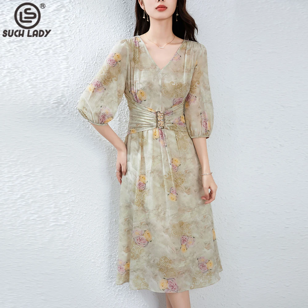 

100% Silk Women's Dresses Sexy V Neck 3/4 Sleeves Printed Elegant Fashion Vestidos
