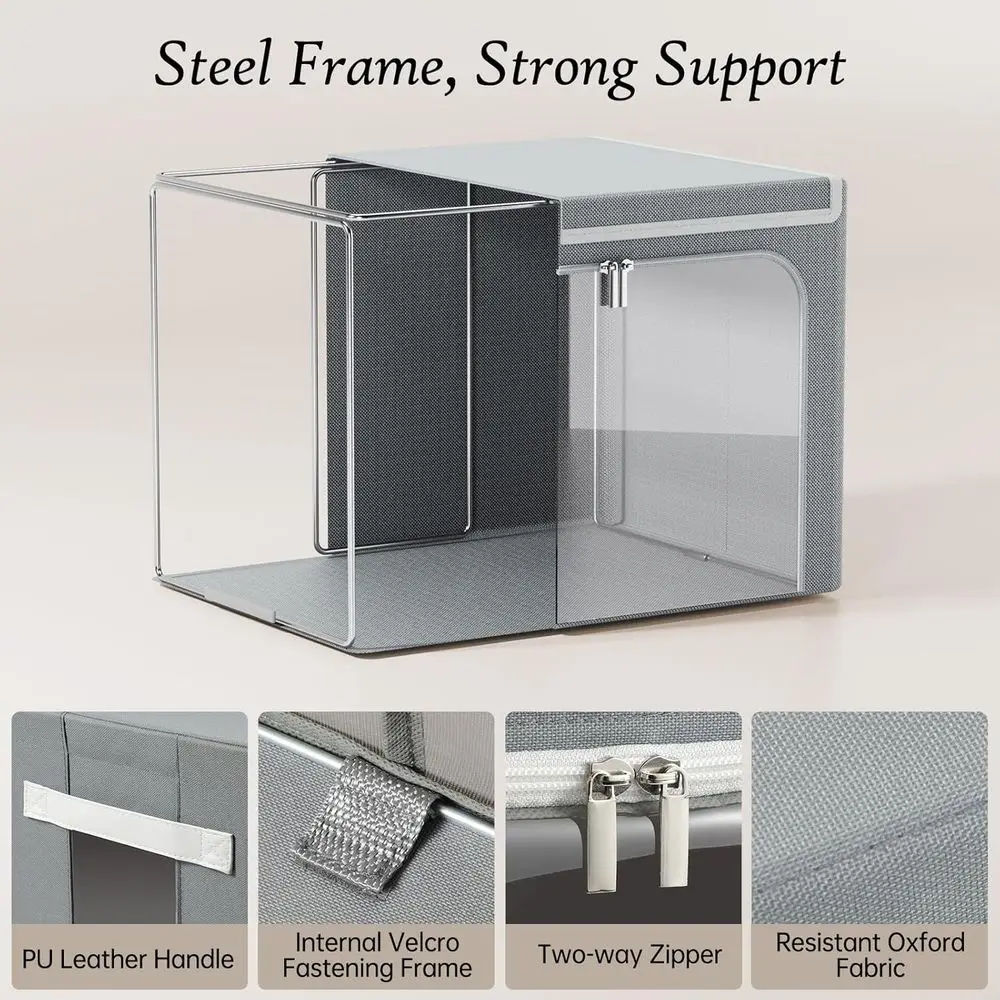 صناديق تخزين قابلة للطي بإطار معدني سعة 40 لترًا مع غطاء، منظمات ملابس بسحاب قابلة للتكديس، صناديق قماش أكسفورد مع رؤية واضحة وLea #3