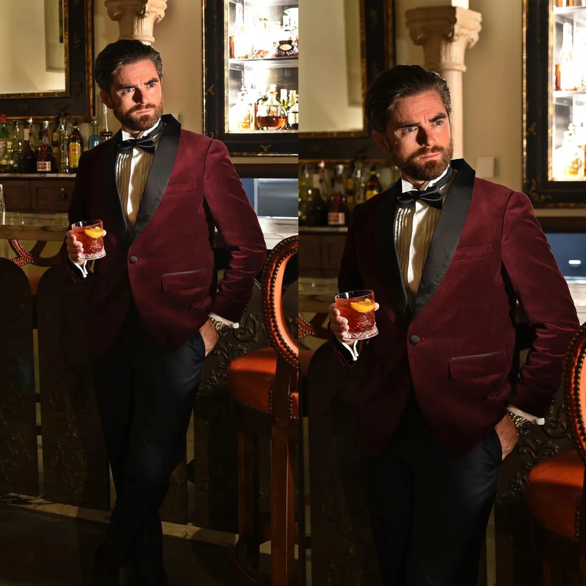 

Burgundy Men Suits 2 Pieces Blazer Pants One Button Black Lapel Fashion Uniform Wedding Groom Formal Work Party Causal Tailored