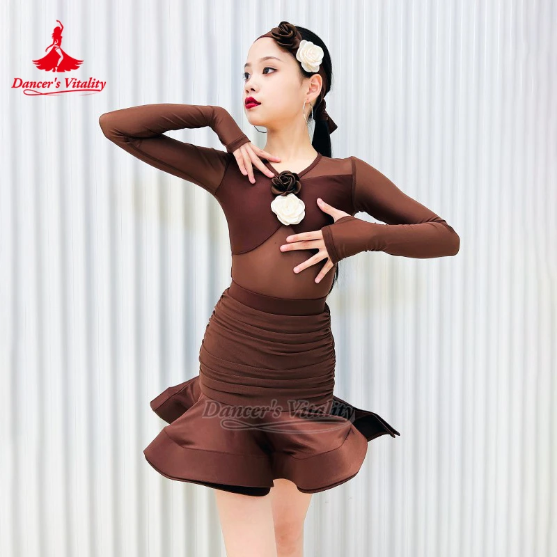 

Латинские танцы, коричневые и белые цветы, украшения, тренировочные комплекты с длинными рукавами, жизненная танцовщица, детская одежда для чача-самбы