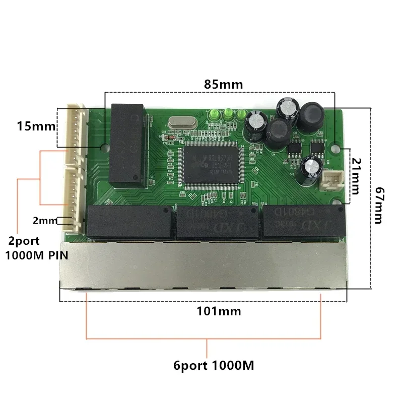 OEM PBC 8 Port Gigabit Ethernet Switch 8 Port met 8 pin way header 10/100/1000m hub 5V 12V power pin Pcb board OEM schroef gat