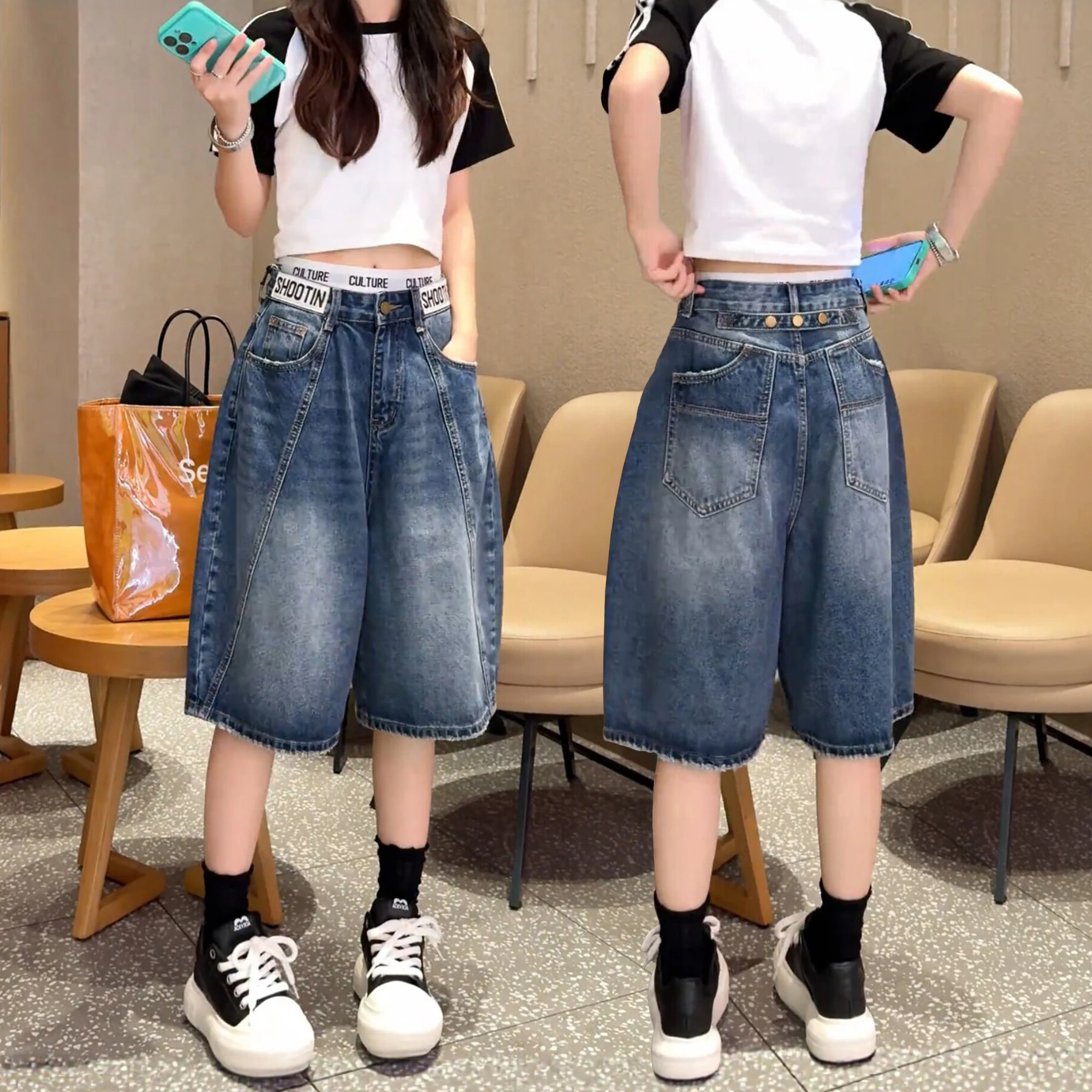 

Retro Trendy Wide Leg Knife Jeans Women's Mid-Rise Slimming Loose Fit Five-Quarter Pants Summer Thin High Waist Casual J...