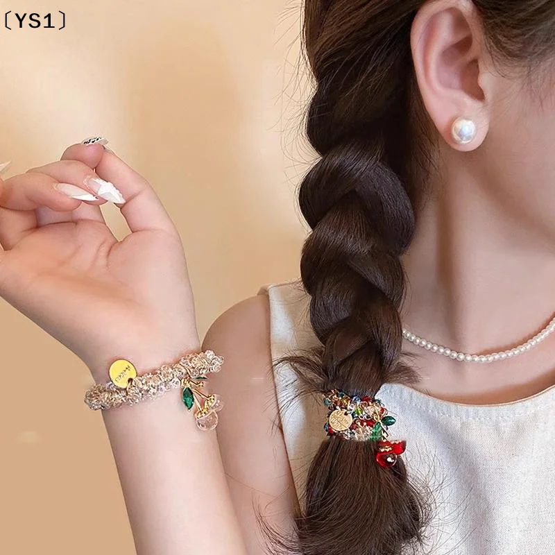 〔YS1〕Cherry Blossom & Star Drop Rhinestone Hair Tie - Dual Use As Bracelet (Elegant Gift For Women & Best Friends)