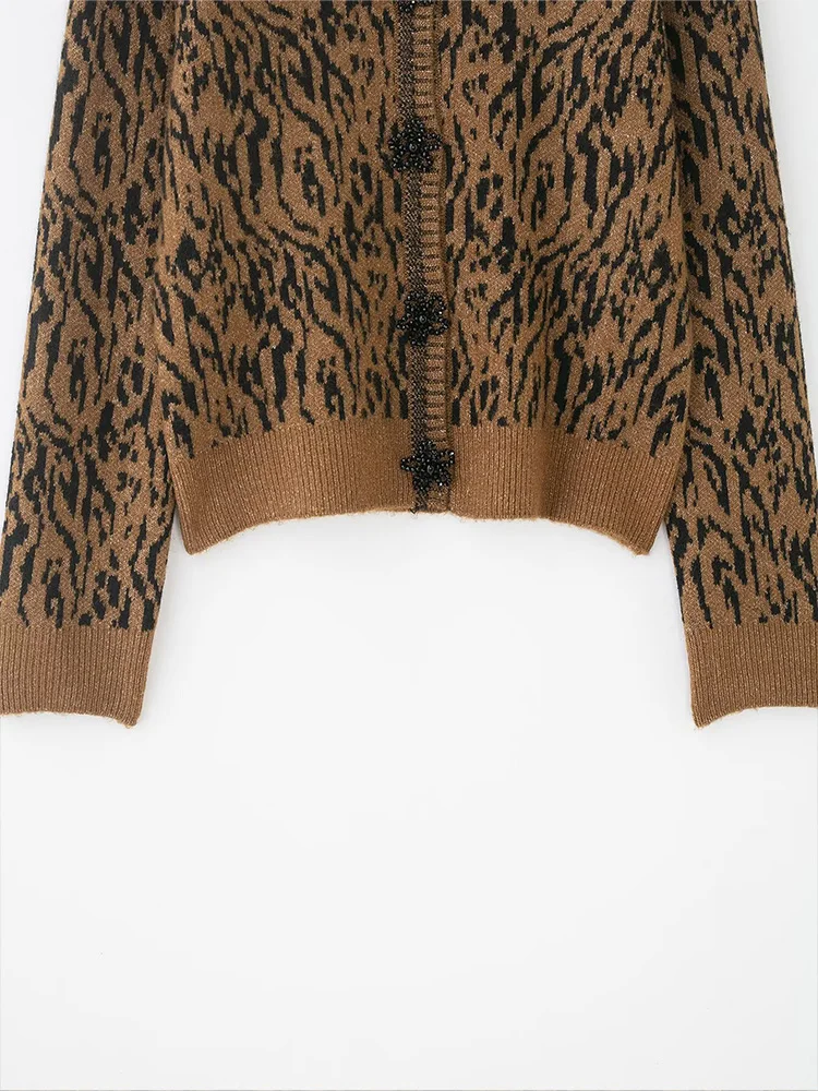 

HH Women Elegant Long Sleeve Round Collar Knitted Short Jacket Autumn Women High Street Single-breasted Animal Jacquard Sweater