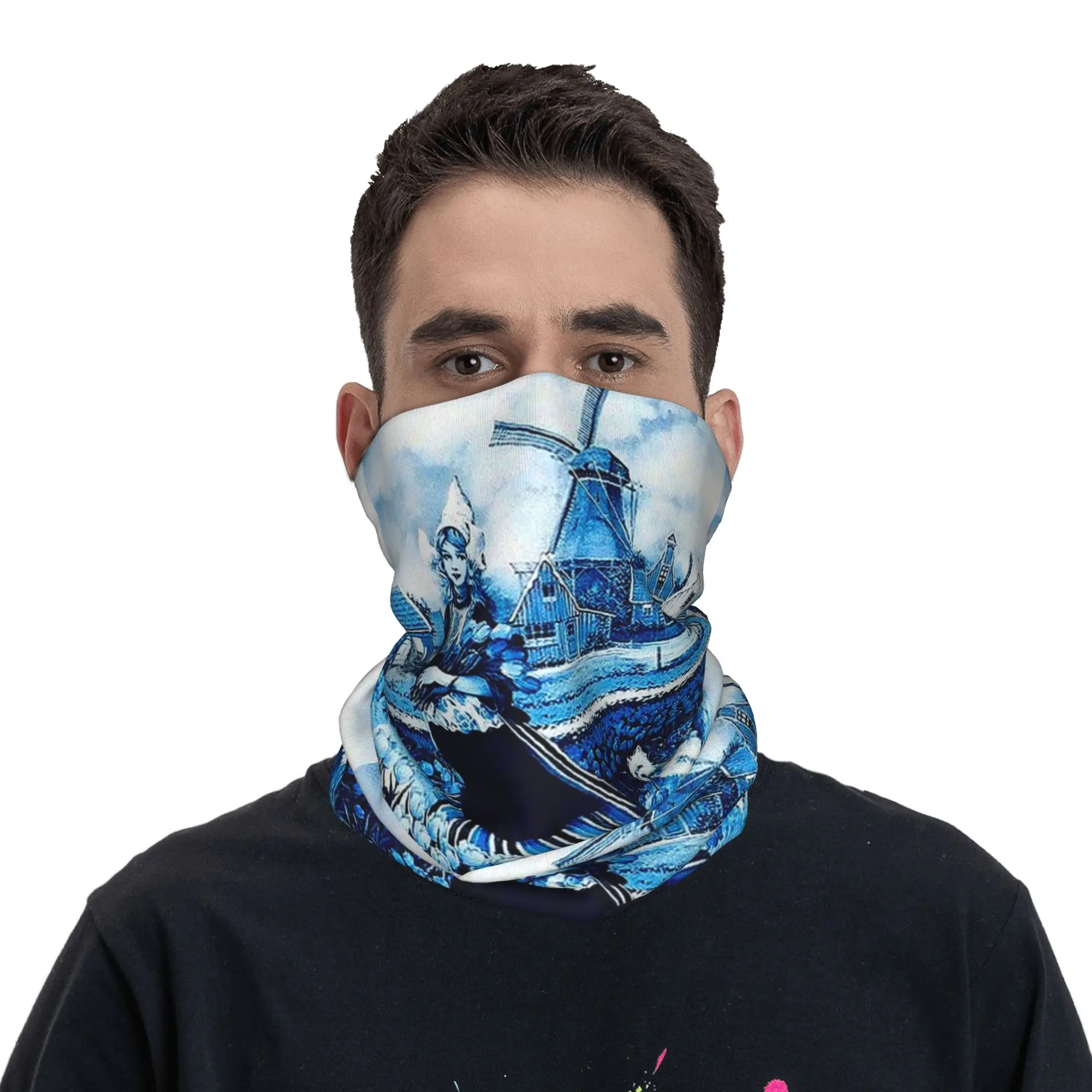

Dutch Delft Windmill Young Girl Dog and tulips Print Bandana Neck Cover Printed Wrap Mask Scarf Headband Outdoor Sports Unisex