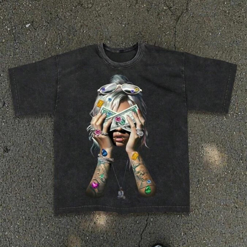 

Vintage Y2K-Style Retro Portrait Cotton Washed T-Shirts Oversized Harajuku Hip Hop Unisex Men's Tops Tees Streetwear Gothic Punk