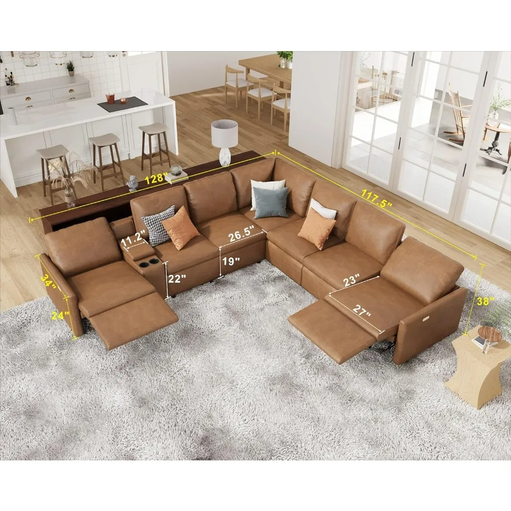 Reclining Sectional Sofa, Console and Dual Recliner, Cup Holder& Charging Port Modular Couch, 7 Seats L Shaped Recliner Sofas