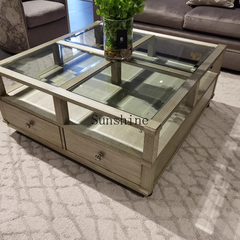 

Square glass coffee table Modern light luxury solid wood carved coffee table