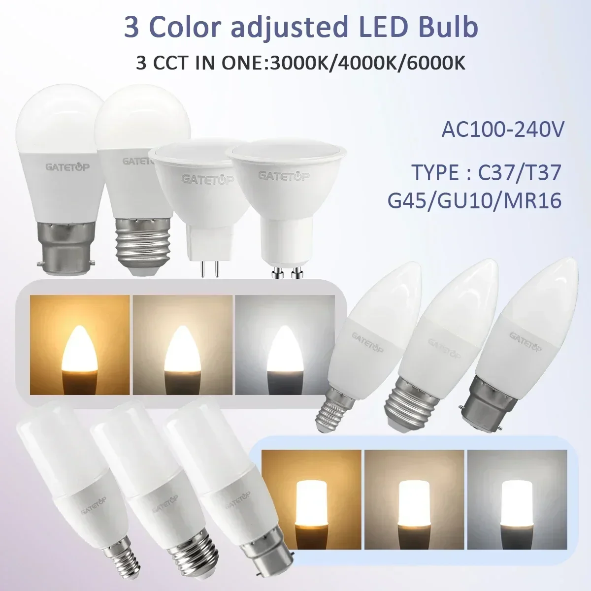 

6pcs Change Color Light Bulb Bombilla Led CCT(3000K 4000K 6000K) E27 B22 E14 GU10 GU5.3 Base LED Spotlight for Home Living Room