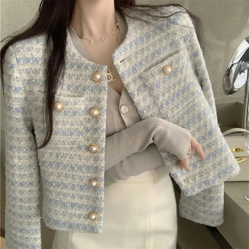 Elegant Fashion Stripe Long Sleeve Cardigan Women Fall Winter Temperament Pocket Pearl Button Clothes Korean Version Casual Tops