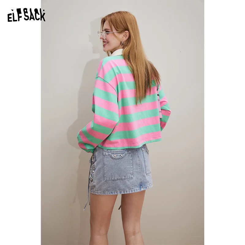 ELFSACK-T-shirt listrada de manga comprida polo feminina, crochê artesanal, reduzindo pequena estatura, New Age, Primavera, 2022