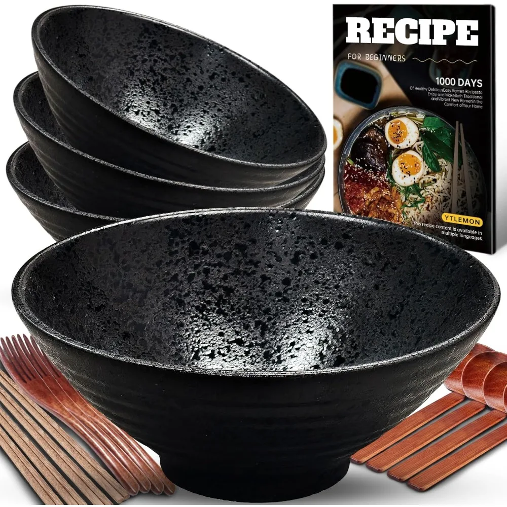 

Ceramic Ramen Bowl Set of Porcelain Salad Noodles Cereal Fruit Pasta Soup Large Bowls with Recipes Chopsticks Forks Spoons