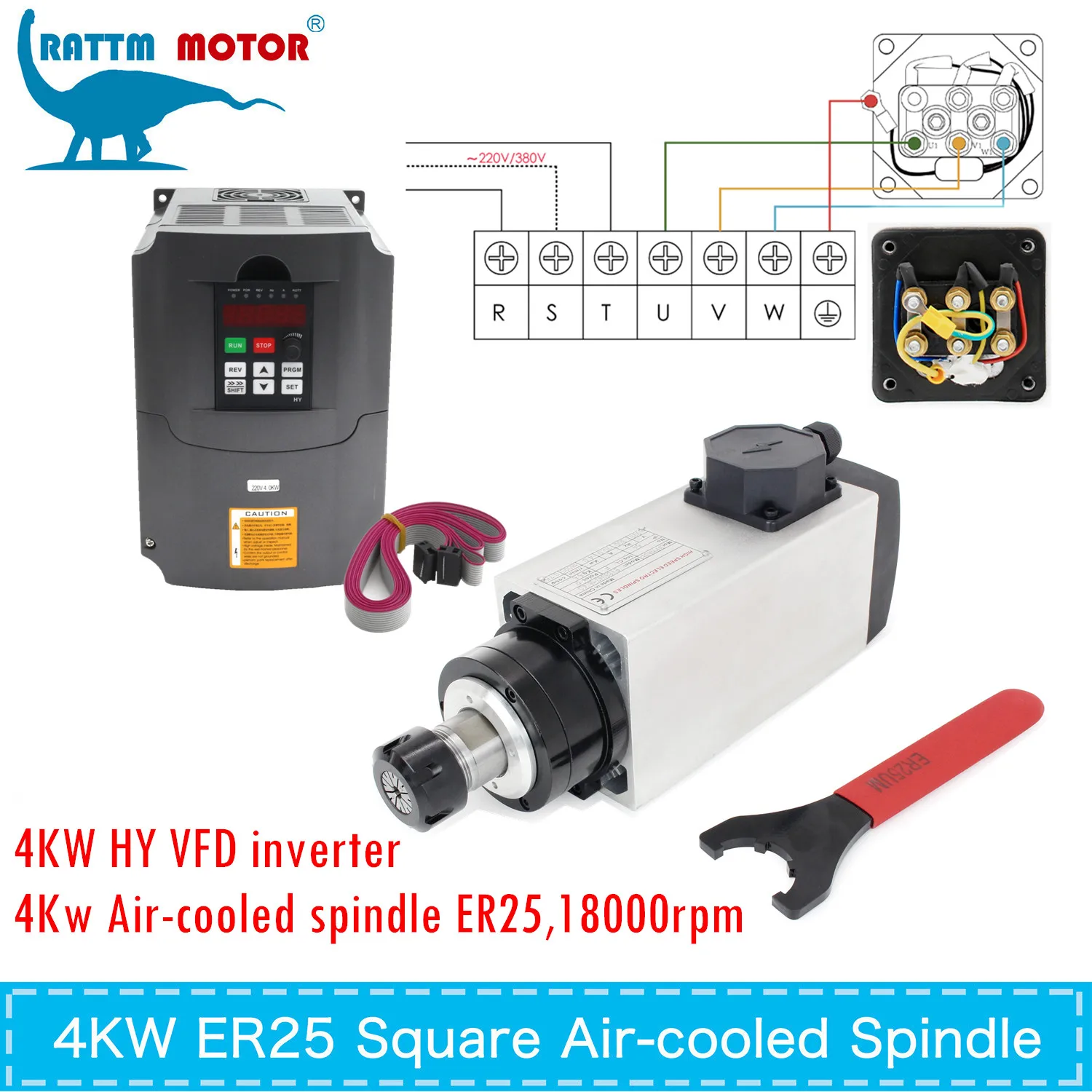 

【CN/EU】HY Spindle Kit 4KW CNC Spindle 4 Bearings Air Cooled Motor & 220V 4KW Inverter ER25 Collet for CNC Router Milling Machine