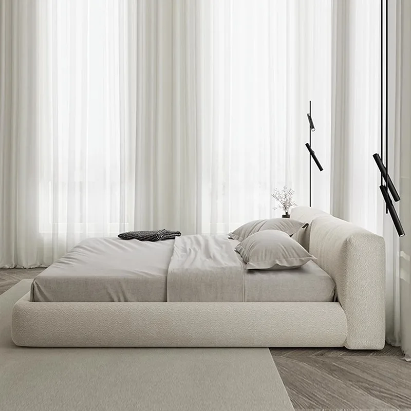 أثاث غرفة نوم فاخر خفيف كريمي فرنسي، سرير كينج من القماش الناعم والحديث والبسيط