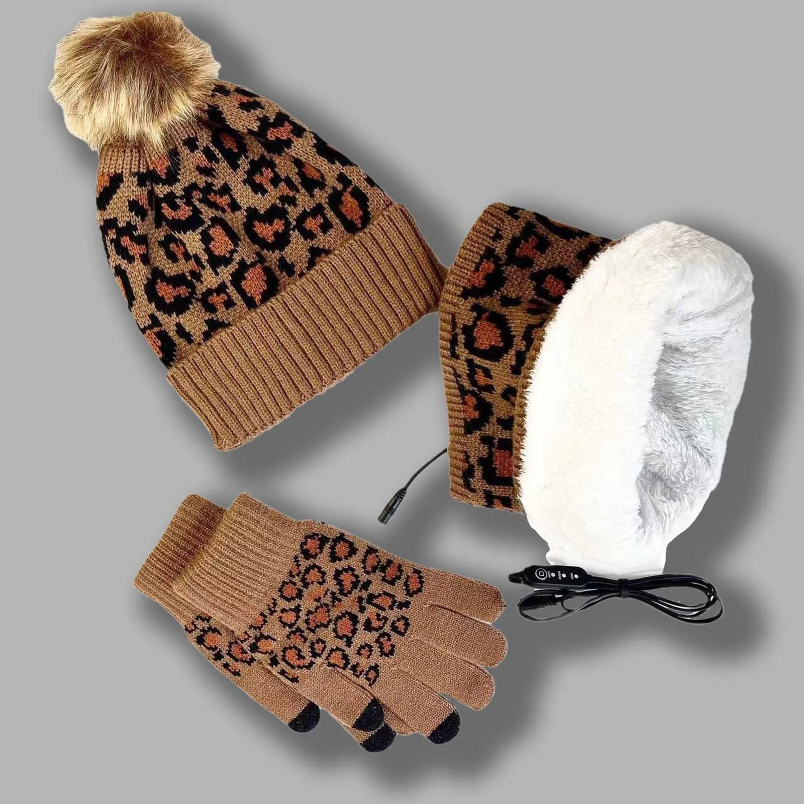 Women Winter Keep Warm Set Fleece Lining Beanie Gloves Fashionable Thicken Scarf Knitted Muffler Hat Leopard Neckerchief