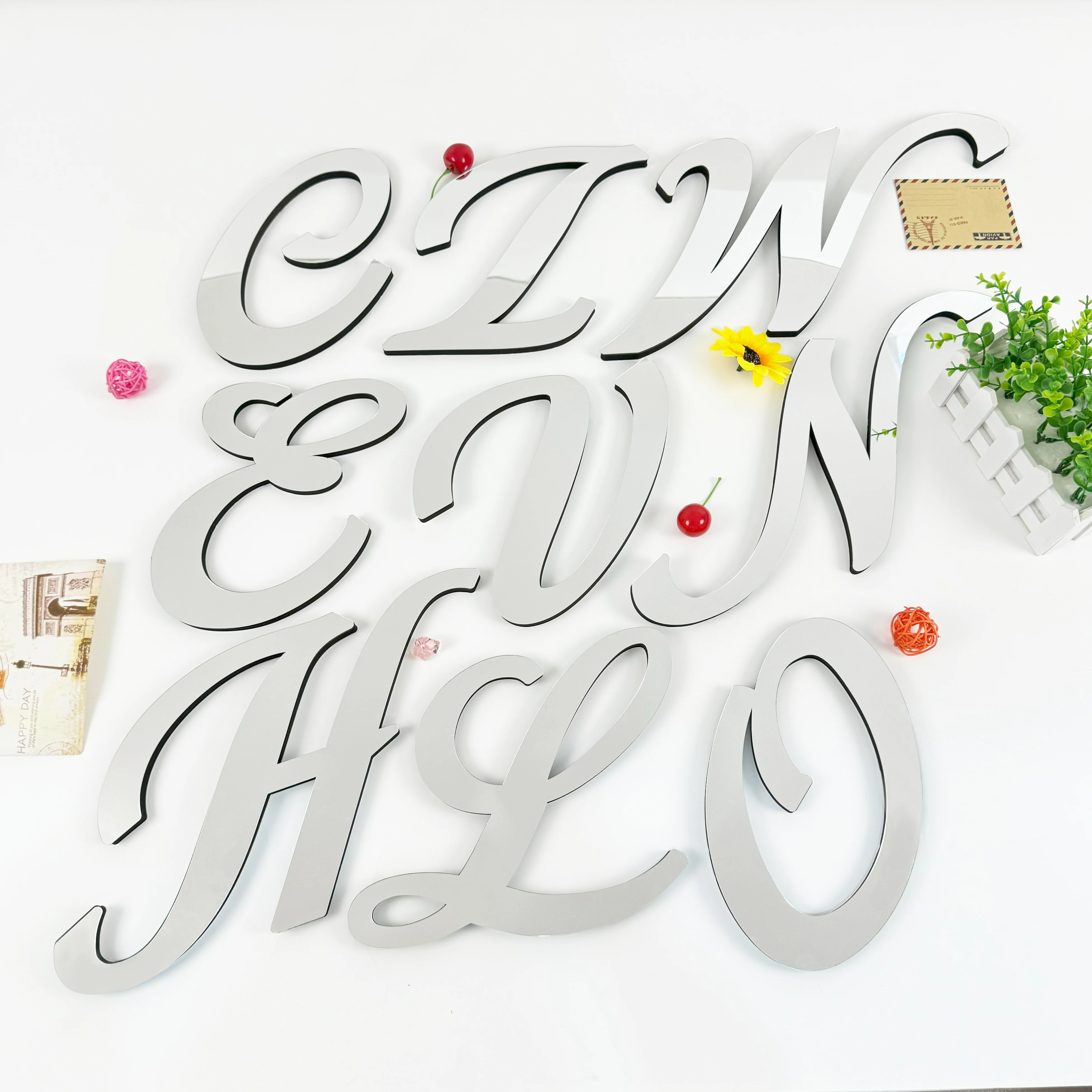 حجم كبير 20 سنتيمتر الفضة ثلاثية الأبعاد الاكريليك مرآة سطح الخط الفني الإنجليزية رسائل ملصقات جدار ديكور المنزل الأبجدية الفن صور مطبوعة للحوائط #2