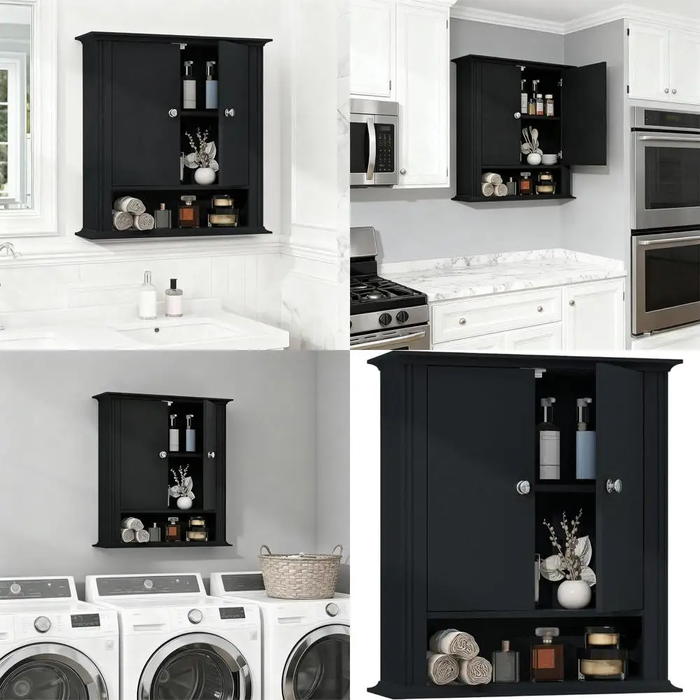 

Wall-Mounted Over Toilet Storage Cabinet with 2 Doors & Adjustable Shelves, Ideal for Bathroom, Kitchen, or Laundry Room, Black
