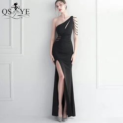 Beading One Shoulder Black Prom Dresses Sexy Split Party Gown Beaded Waistline Elegant Ruched Black Strings Evening Dress 2023