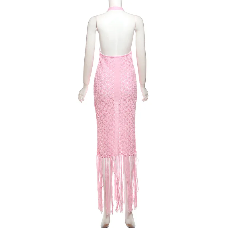 فستان Bangniweigou شفاف من خلال شرابة كروشيه للنساء، أغطية شاطئ أنيقة، رداء وردي