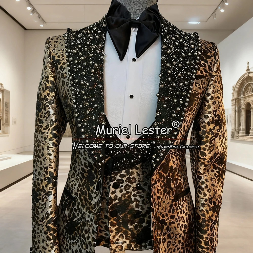 

Leopard Wedding Suits For Men Fit Slim Black Beading Lapel Jacket Vest Pants 3 Pieces Formal Groom Tuxedos Man Dress Customized