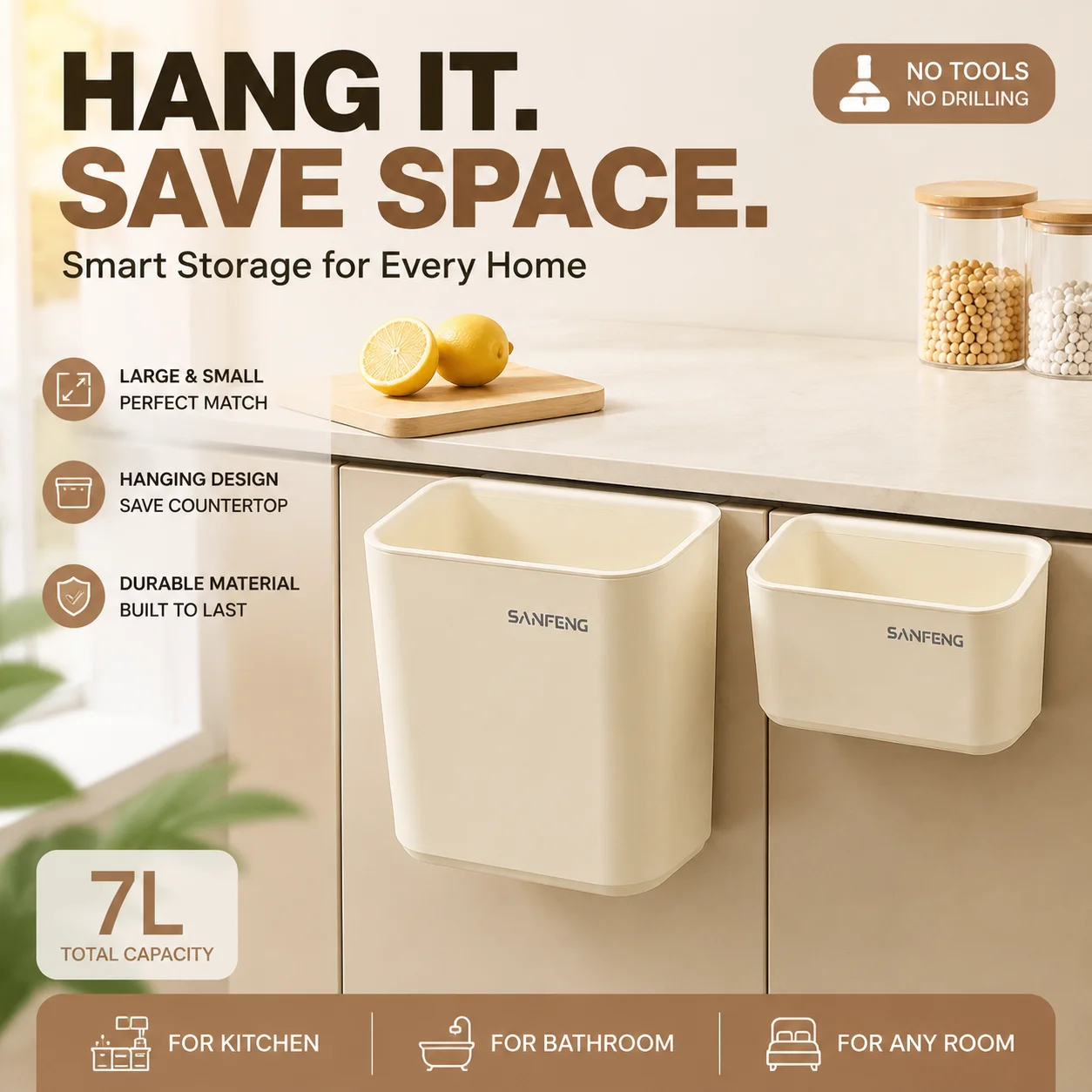 Cream-style No-Drill Kitchen Trash Can Cabinet Door Wall-Mounted Food Waste Sorting Storage Bin