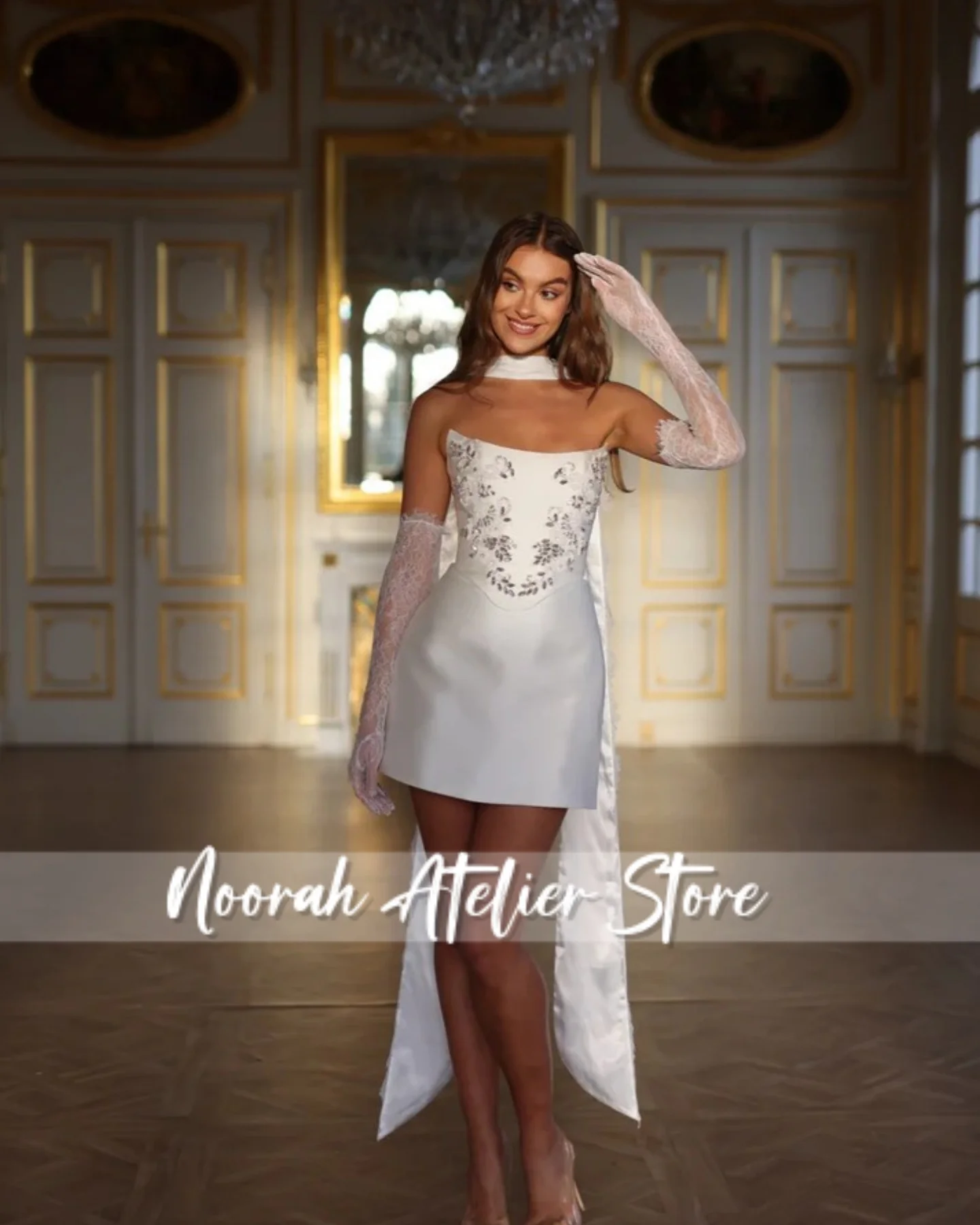 فساتين سهرة بيضاء بدون حمالات مطرزة فاخرة صغيرة للنساء مع قفازات من الدانتيل 2025 دبي فستان حفلة موسيقية مخصص