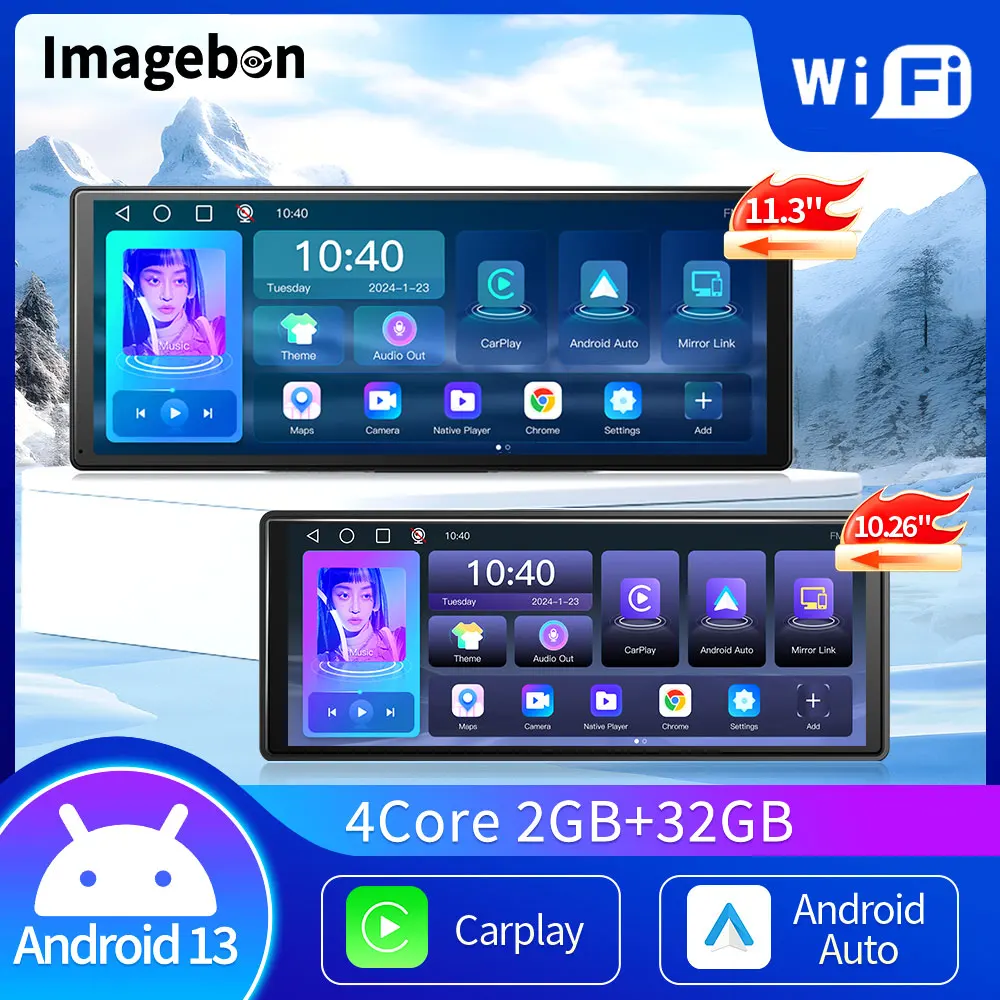 

Imagebon 11.3 Inch Universal Dashboard Android 13 GPS Navigation BT FM AUX Carplay Android Auto Car Multimedia Player