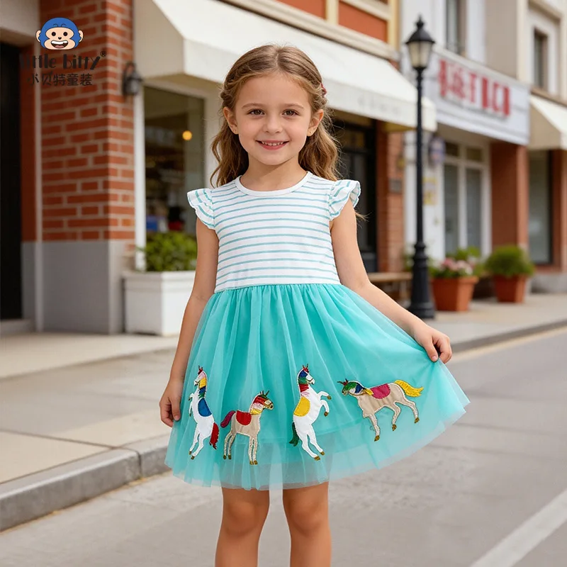 Children's clothing Spring and summer girls lotus leaf sleeve mesh dress unicorn embroidery children