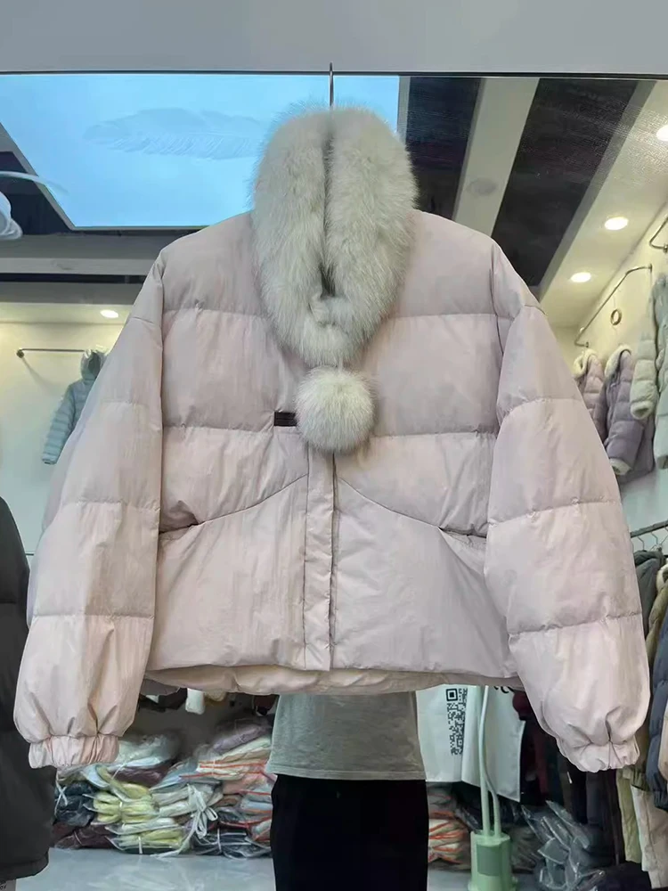 Veste en duvet de canard blanc pour femme, version coréenne, écharpe en renard à la mode, col en fourrure, style court, nouvelle collection hiver 2025