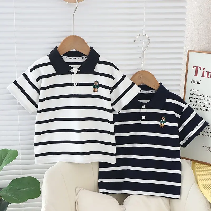 2-7 Years Boys Summer Casual Cotton Stripe Short Sleeve Embroidery Bear T-shirts Baby Kids Children Tee Two Colors