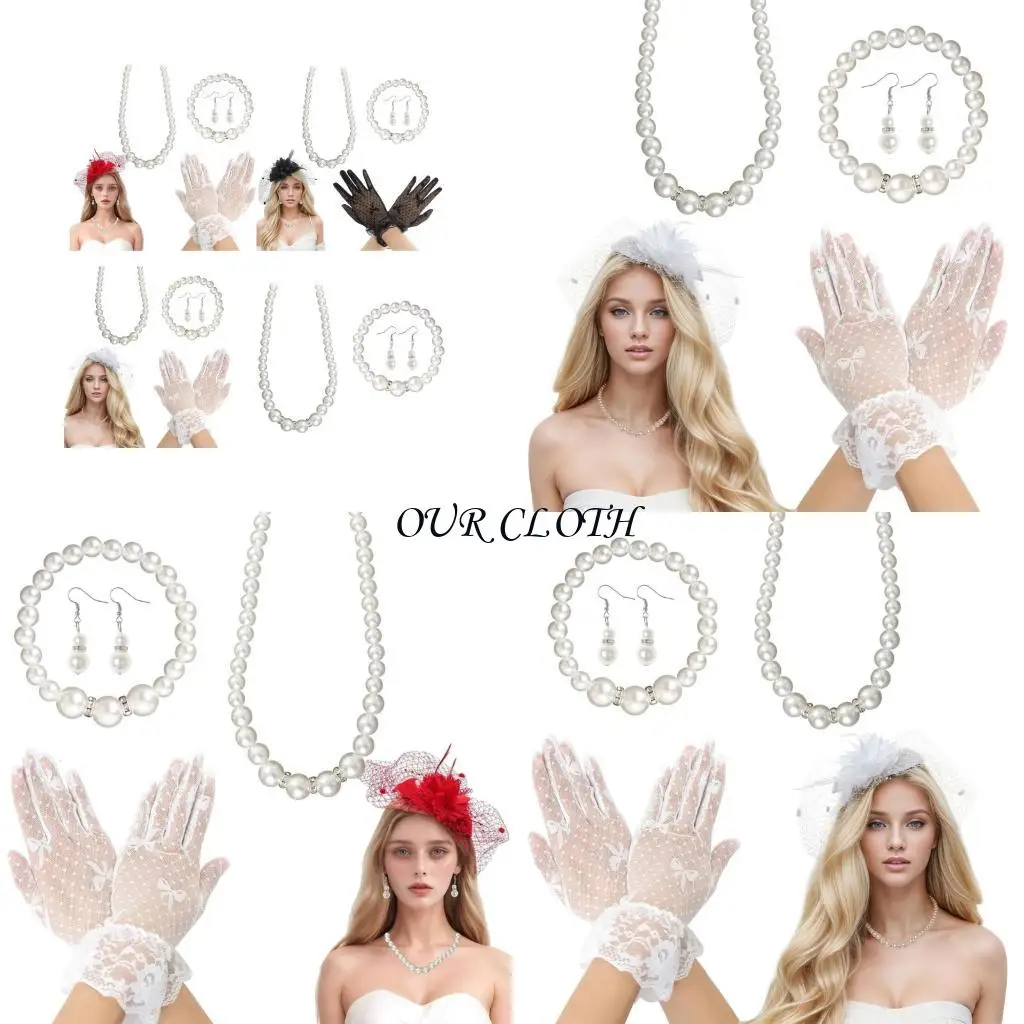 

Шляпа 50 -х годов шляпа для женских аксессуаров для вечеринок с кружевными перчатками ожерелье y1ac