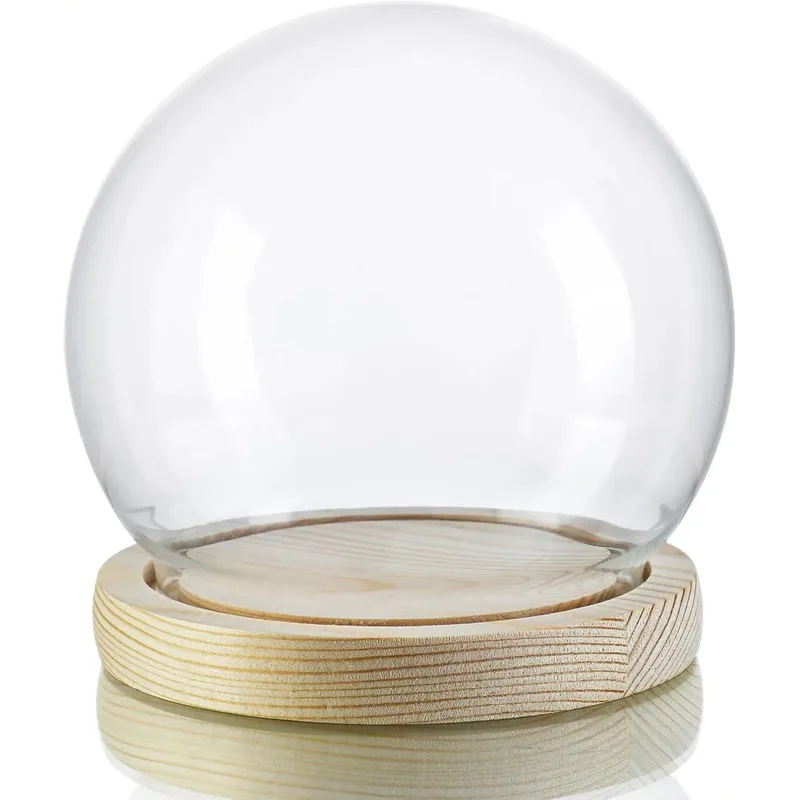 2Pcs 10cm Clear Round Glass Dome with Wooden Base Display Jar for Preserved Flower Figurine Home Table Wedding Decor