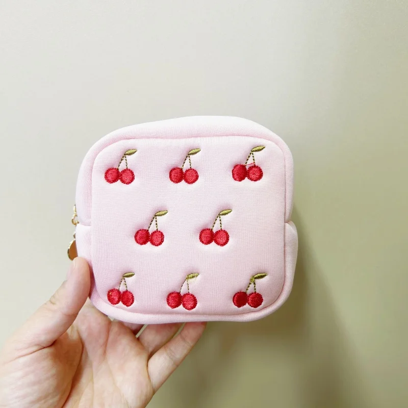 Spring new Korean style mini square makeup bag for women embroidery cherry Sanitary Napkin Storage Bags girls Period organizer