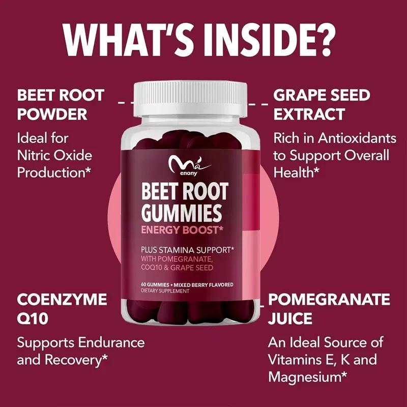

Beet root gummies contain coenzyme Q10 energy supplements | Pomegranate extract, supporting healthy energy and performance