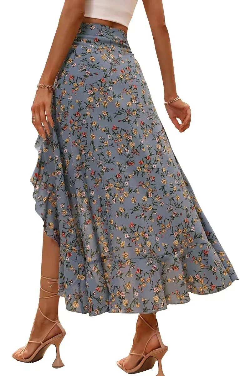 Sexy Side Split Skirt, Printed Ruffle Edge, European and American, Spring, New, 2022