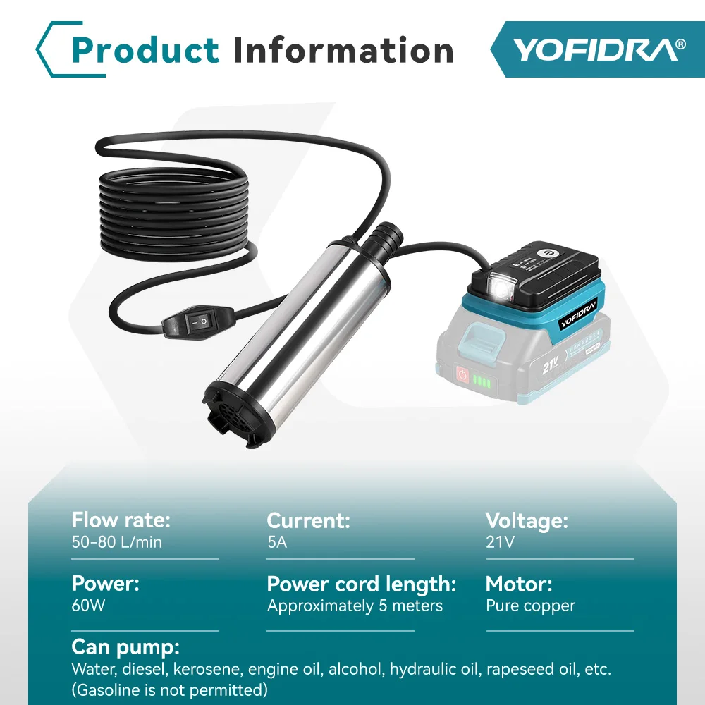 YOFIDRA 50-80L/min Electric Water Pump 60W Cordless Submersible Drainage Pump Wastewater Treatment Tool For Makita Battery Pin