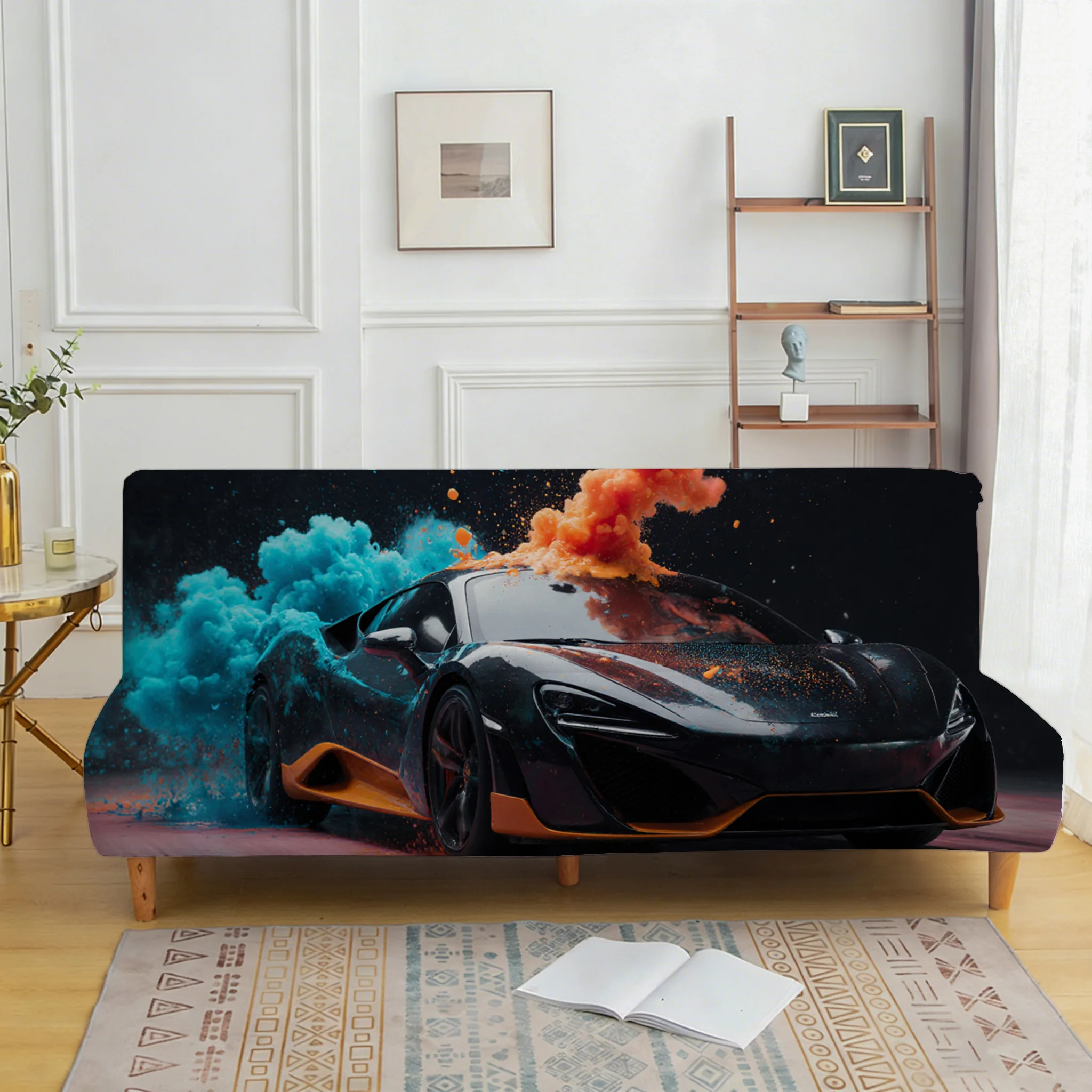 Orange and blue smoke sports car pattern elastic sofa bed cover, living room sofa bed cover, dust-proof washable sofa bed cover