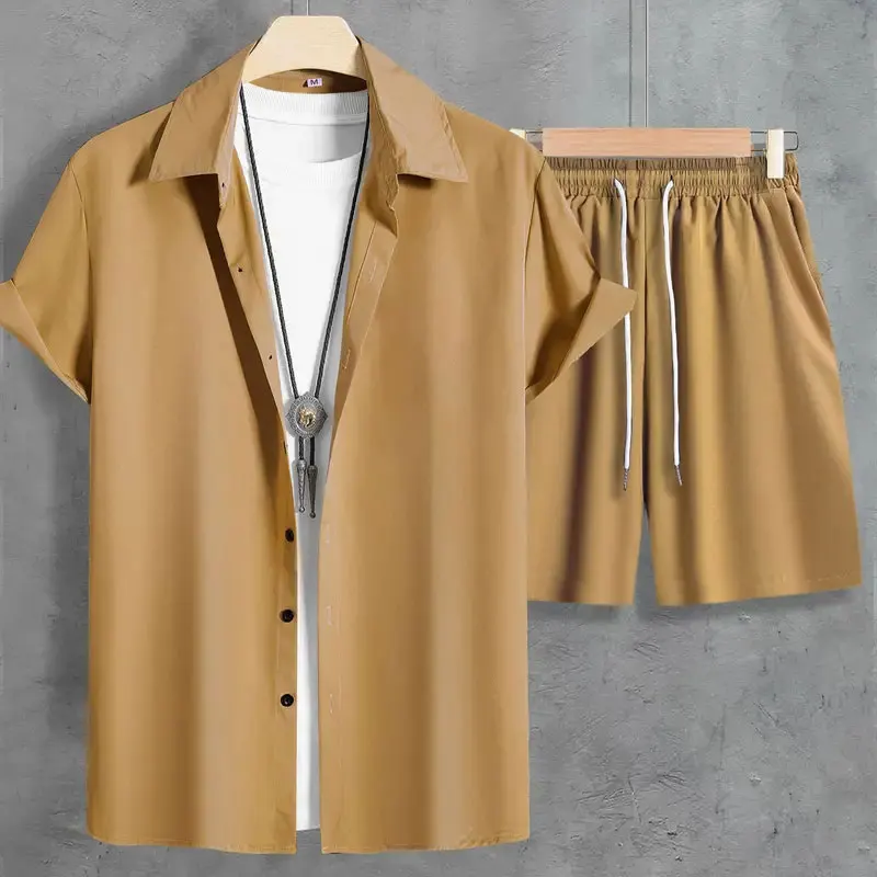

Летний модный мужской комплект с шортами с короткими рукавами, мужская однотонная рубашка на пуговицах, короткий костюм из двух предметов на шнурке, Гавайский пляжный костюм