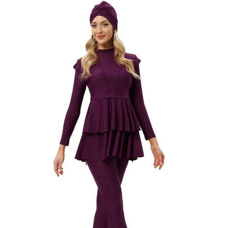 Costumi da bagno musulmani da donna tinta unita maniche lunghe islamiche modesto costume da bagno sportivo conservatore completo costume da bagno da